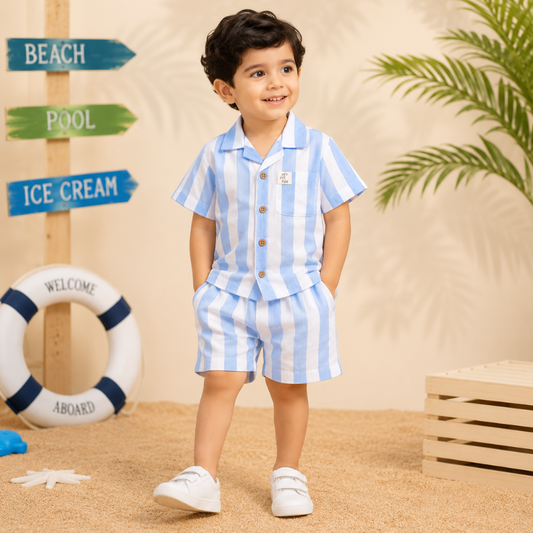 Smile Baby Boys Yellow & White Striped Shirt & Shorts Co-Ord Set | 3M–24M