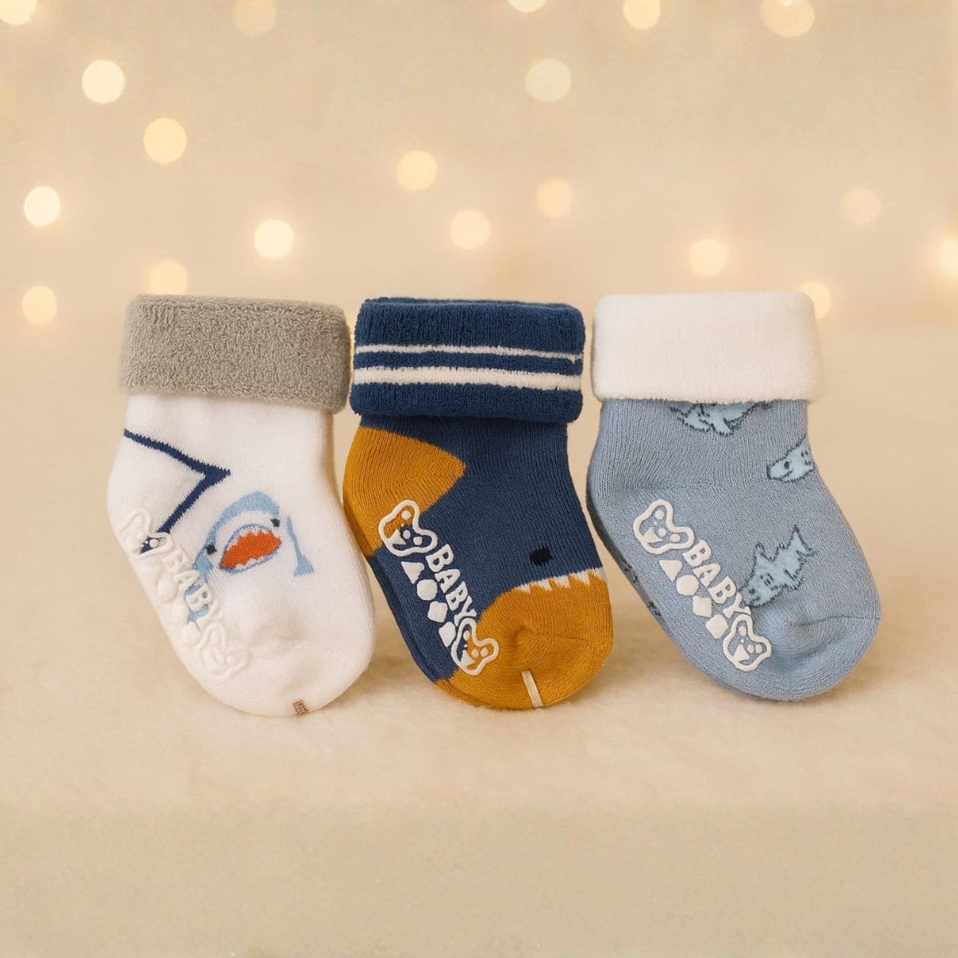 Smile Baby Unisex Anti-Slip Cotton Socks – Soft, Warm & Stretchable Baby Socks (Pack of 3 – Shark, Stripes & Bat Designs) 0-12M