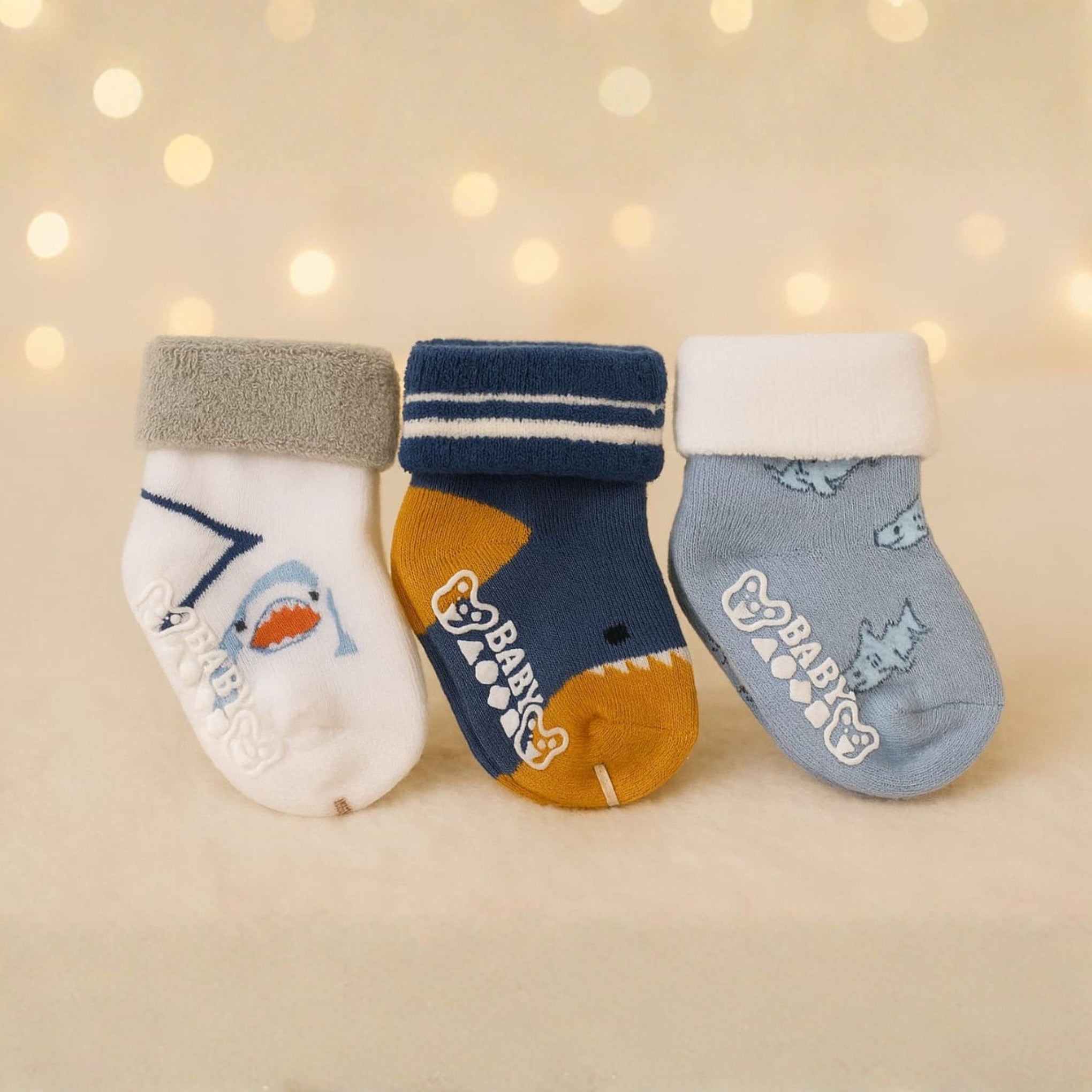 Smile Baby Unisex Anti-Slip Cotton Socks – Soft, Warm & Stretchable Baby Socks (Pack of 3 – Shark, Stripes & Bat Designs) 0-12M