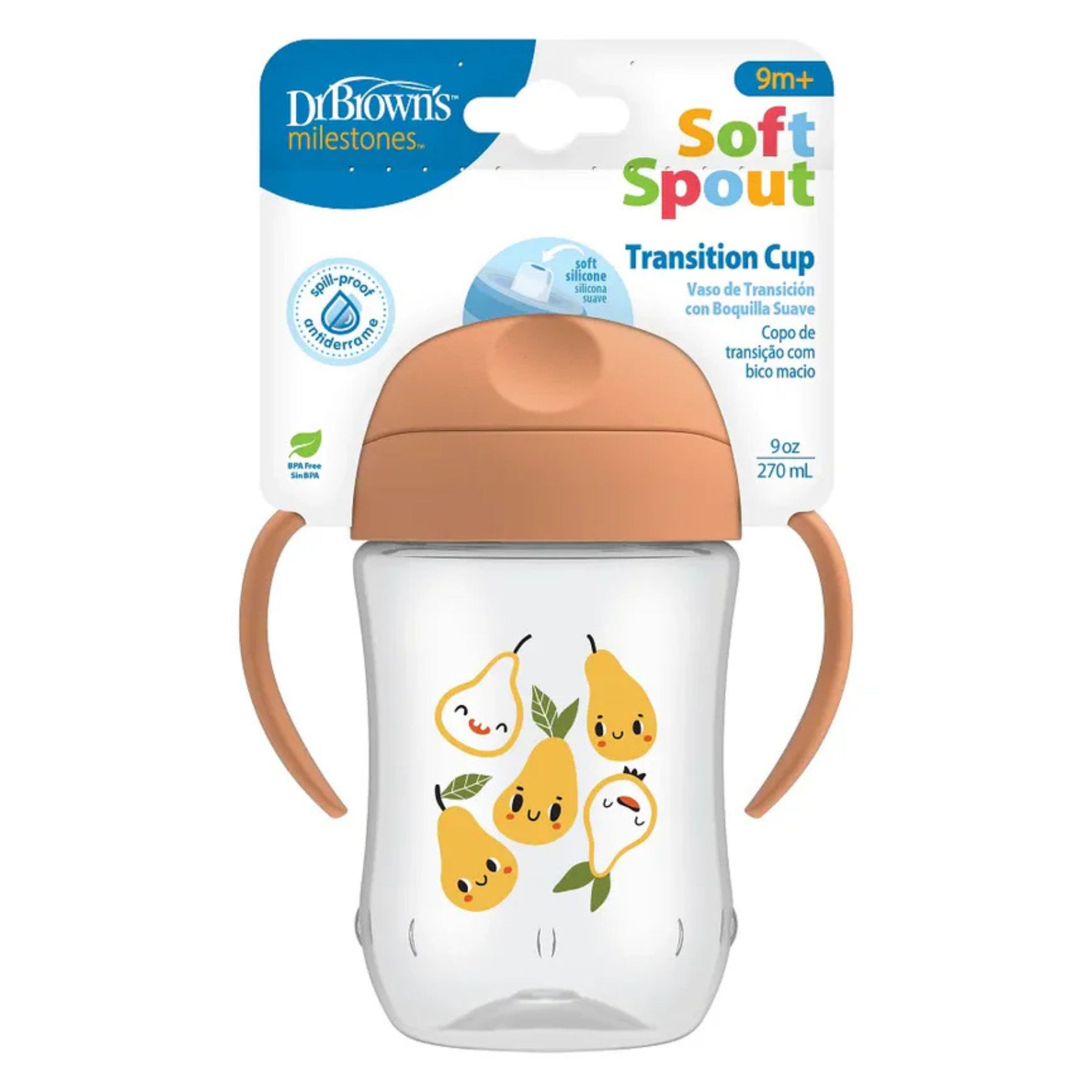 Dr. Brown's Soft Mouth Transition Tumbler with Soft Silicone Spout | Anti-Spill Sippy Cup | BPA-Free | Coral Pear | 270ml | 9+ Months