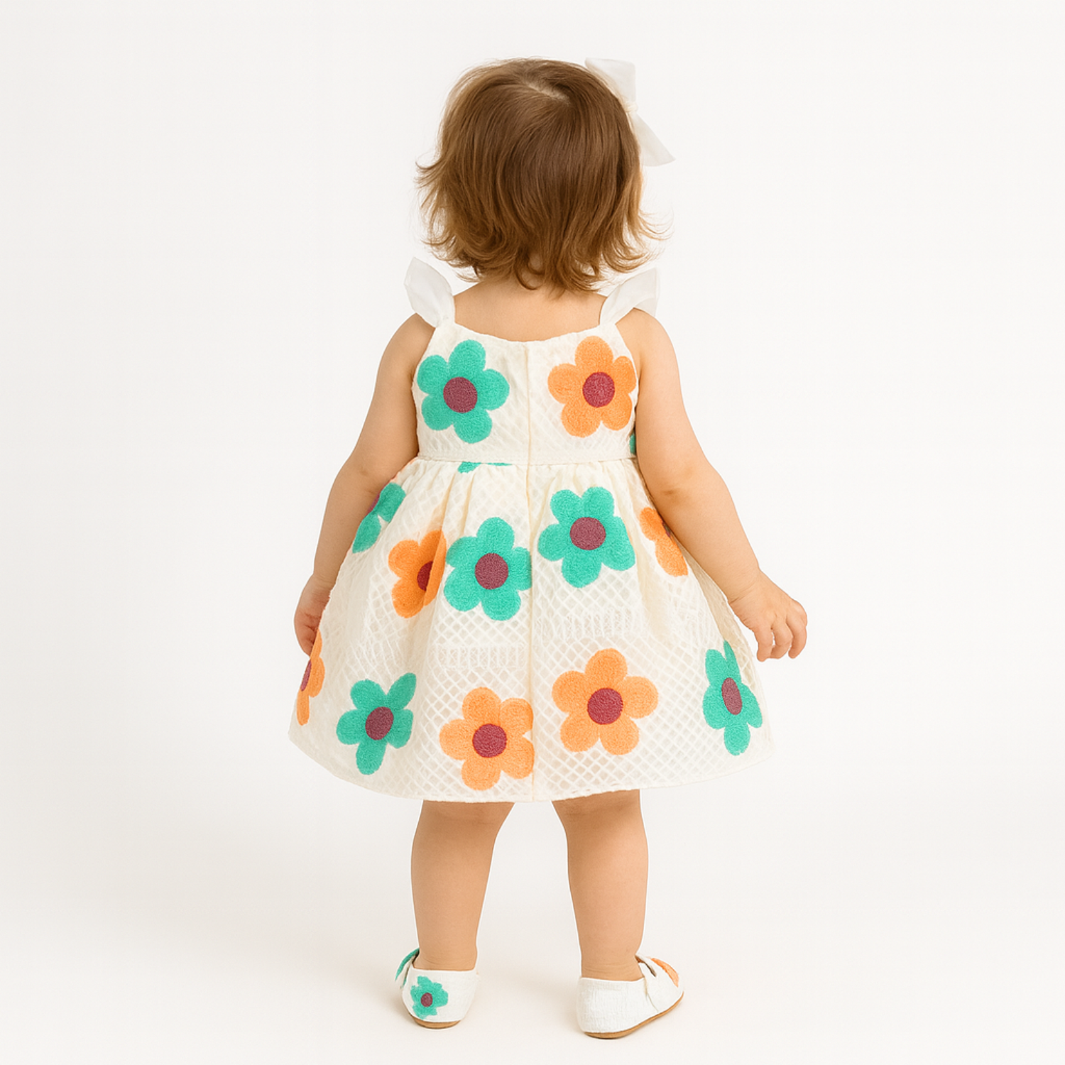 Smile Baby Floral Net Frock with Matching Shoes – 0–12 Months | Pink-Grey & Orange-Green