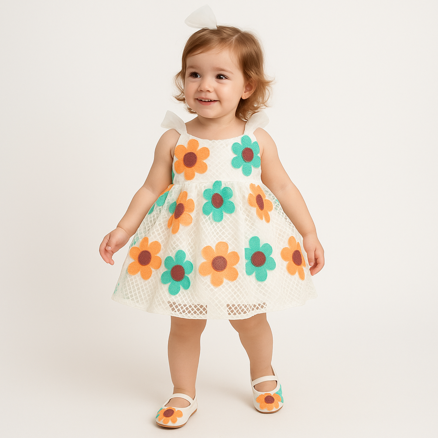 Smile Baby Floral Net Frock with Matching Shoes – 0–12 Months | Pink-Grey & Orange-Green