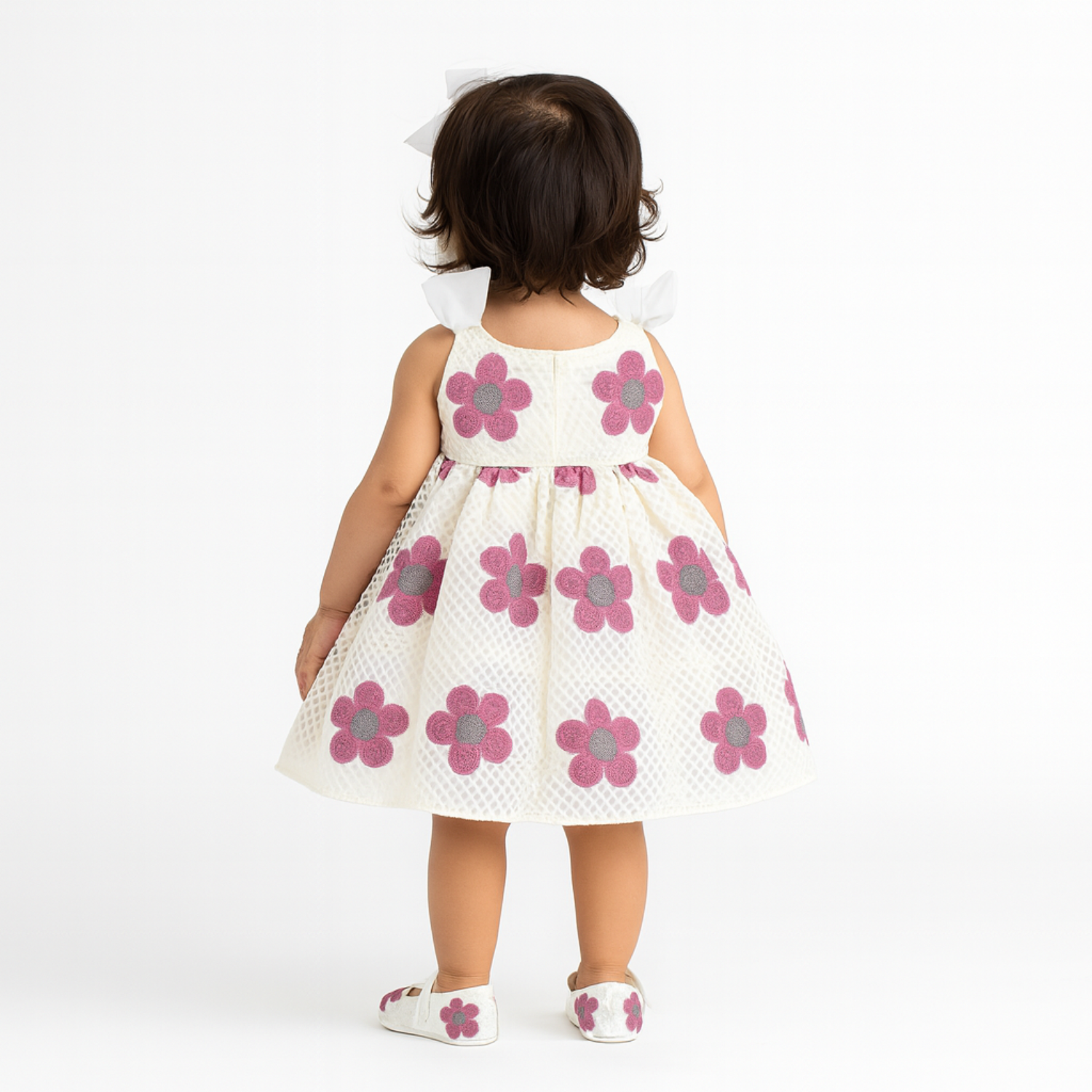 Smile Baby Floral Net Frock with Matching Shoes – 0–12 Months | Pink-Grey & Orange-Green