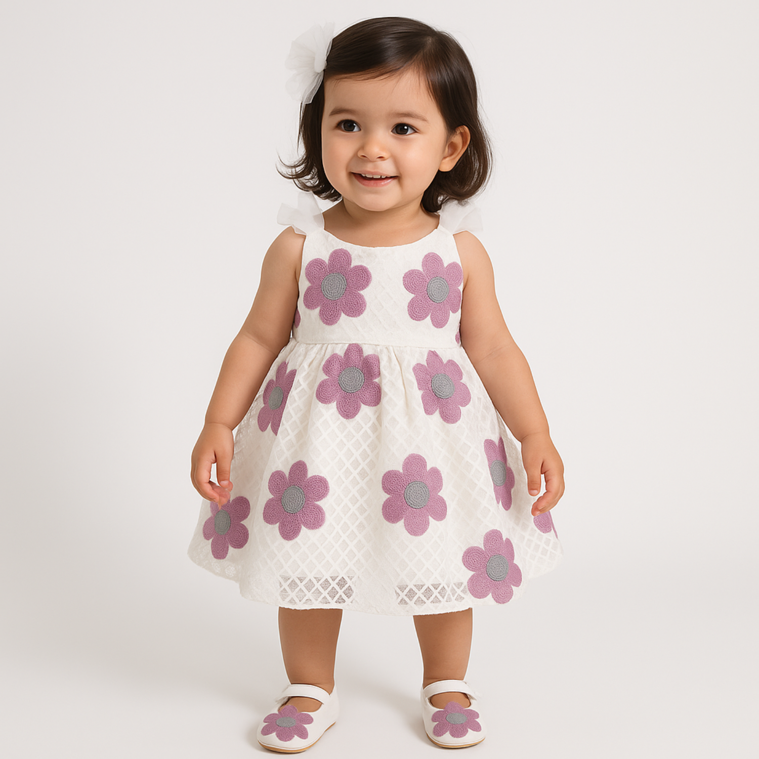 Smile Baby Floral Net Frock with Matching Shoes – 0–12 Months | Pink-Grey & Orange-Green