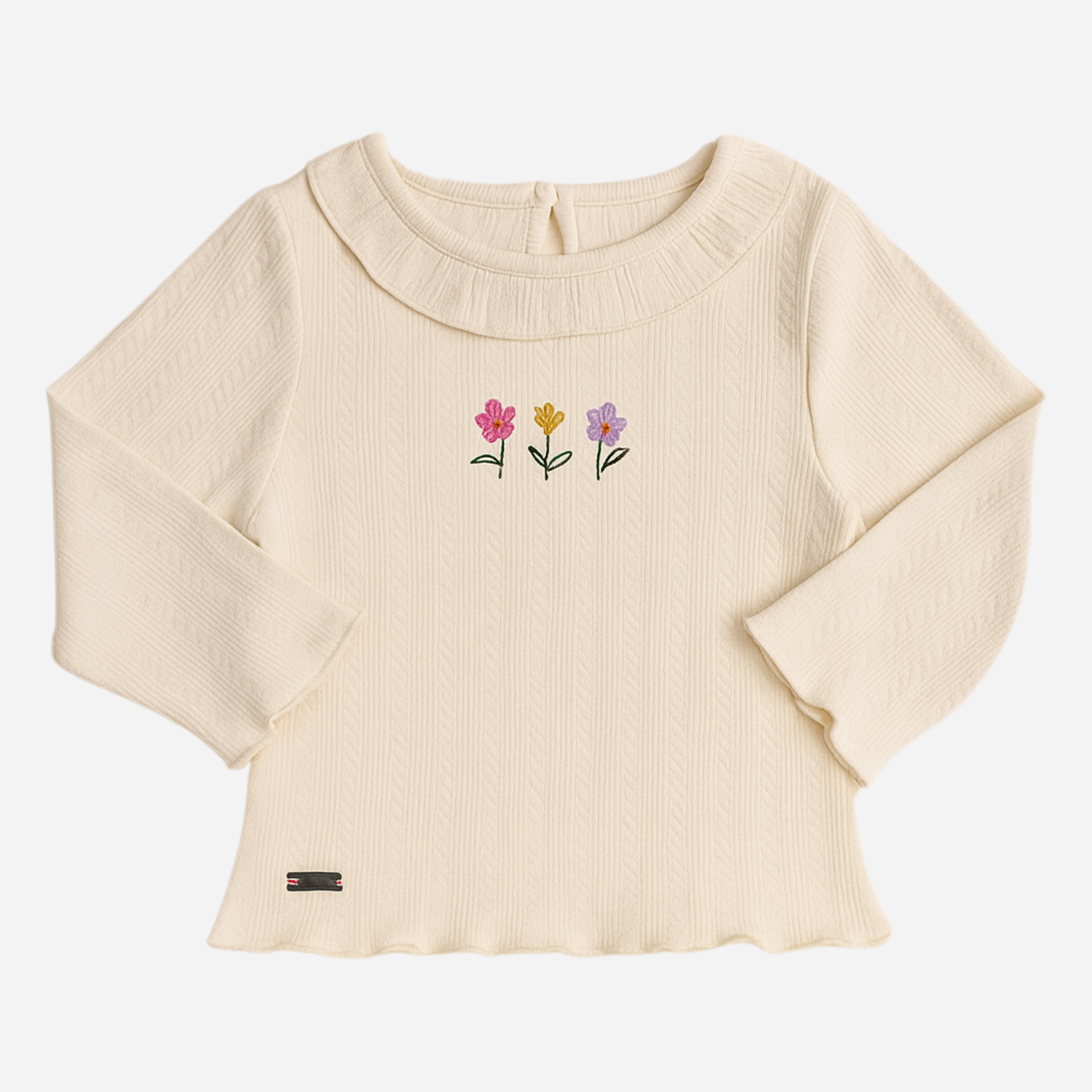 Orrigany Girls Cotton Top – Fawn Ribbed Knit with Embroidered Flowers & Ruffled Collar | Soft, Elegant Daily Wear for Kids (1–6 Years)