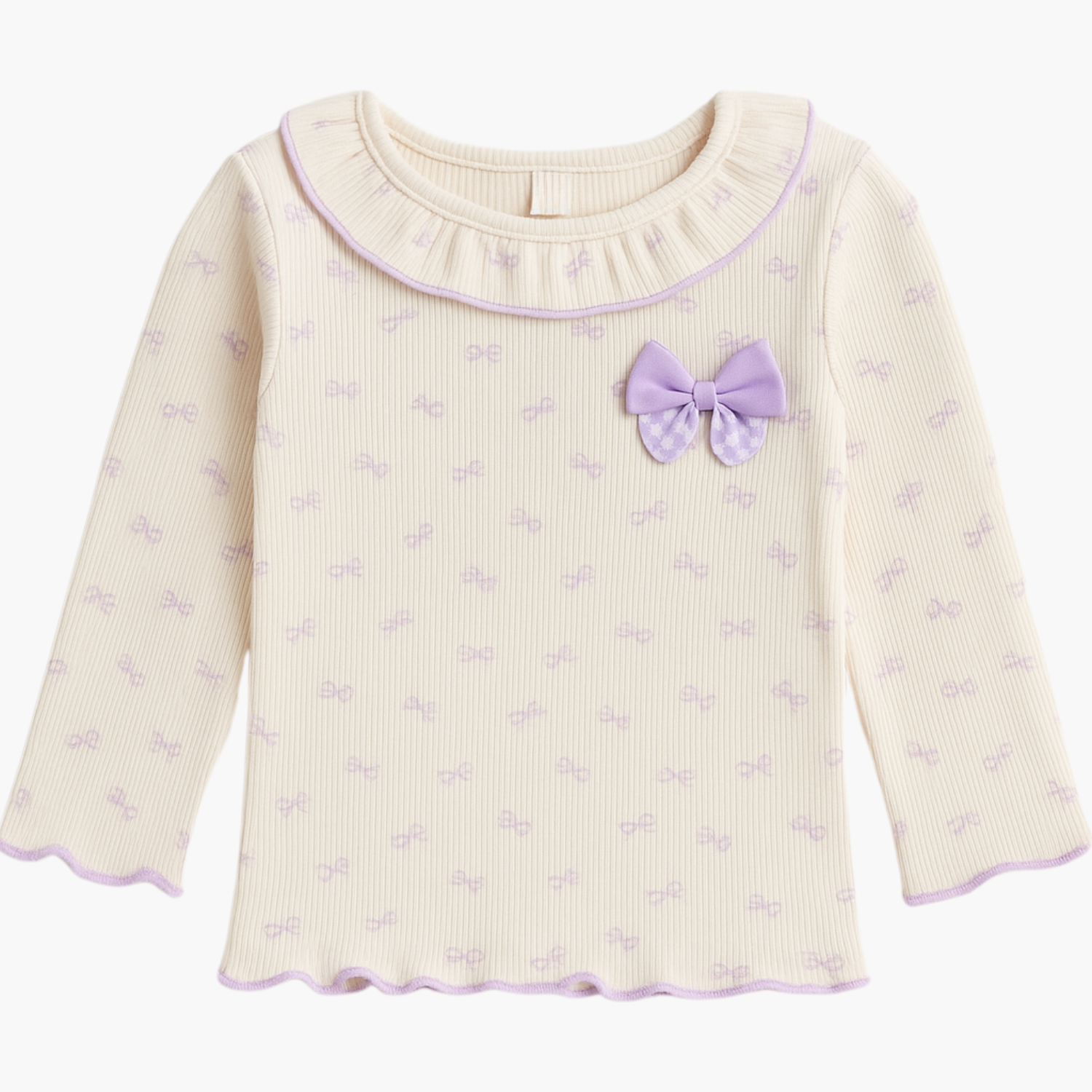 Orrigany Girls Cotton Top & Legging Set – Soft Cream with Purple Bow Detail | Comfortable Daily Wear Outfit for Kids (1–6 Years)