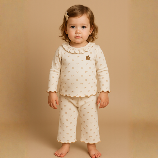 Orrigany Girls Cotton Top & Legging Set – Fawn Bow Print Outfit with Ruffled Collar & Floral Appliqué | Soft, Comfy Daily Wear for Kids (1–6 Years)
