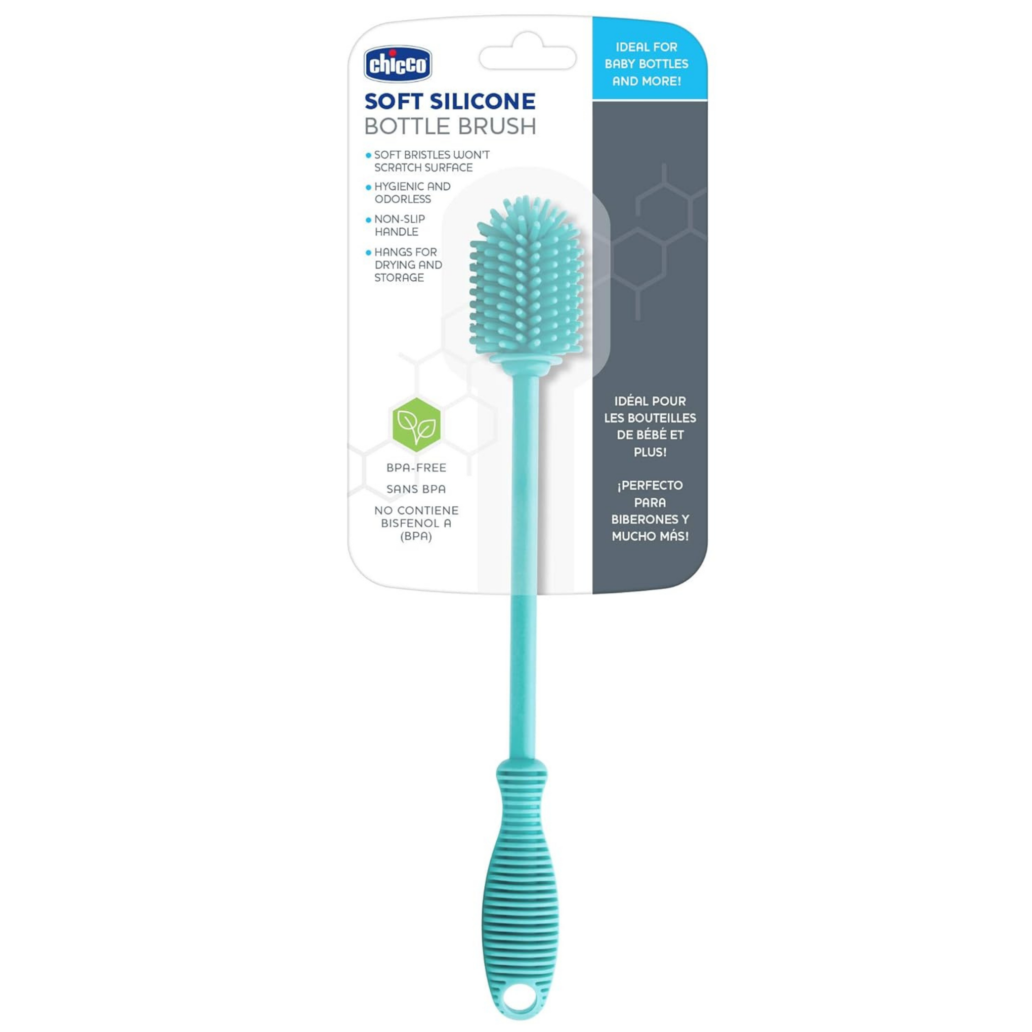 Chicco Silicone Bottle Brush 9.5" Long, BPA-Free, Comfort Grip Handle, Dishwasher & Sterilizer Safe - Teal