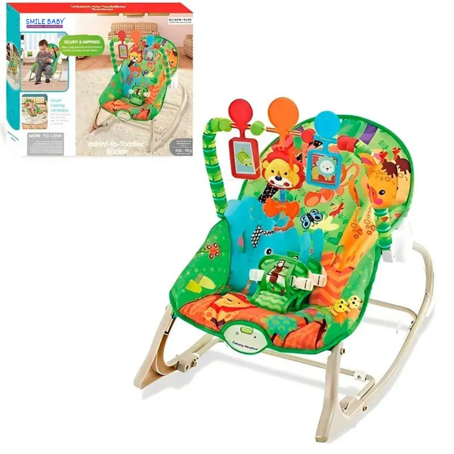 Smile Baby Infant-to-Toddler Rocker | Calming Vibrations, Adjustable Recline, Jungle-Themed Soft Seat & Removable Toy Bar – Green