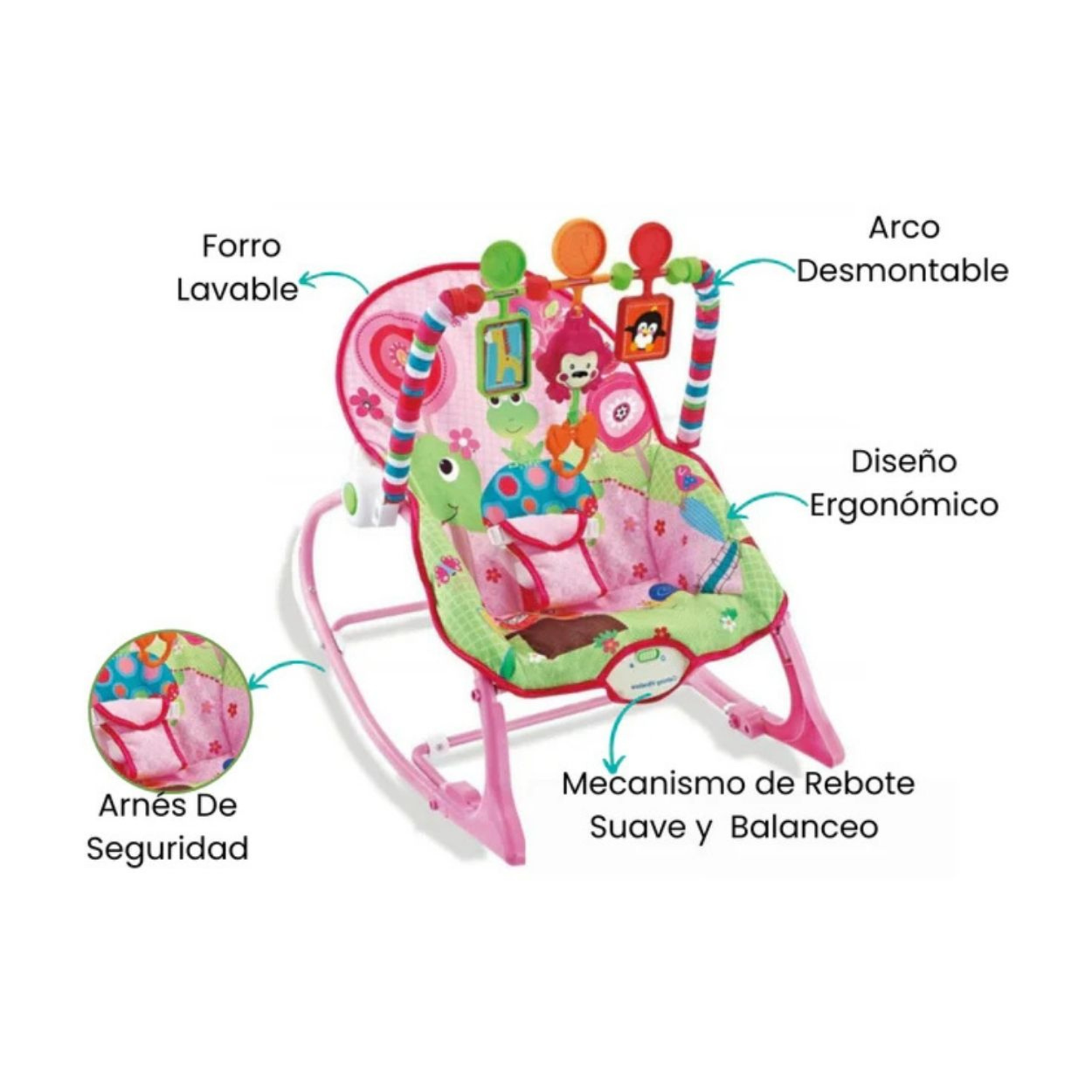 Smile Baby 3-in-1 Musical Infant-to-Toddler Rocker with Calming Vibrations, Adjustable Backrest & Detachable Toy Bar – Pink & Green Baby Bouncer Chair