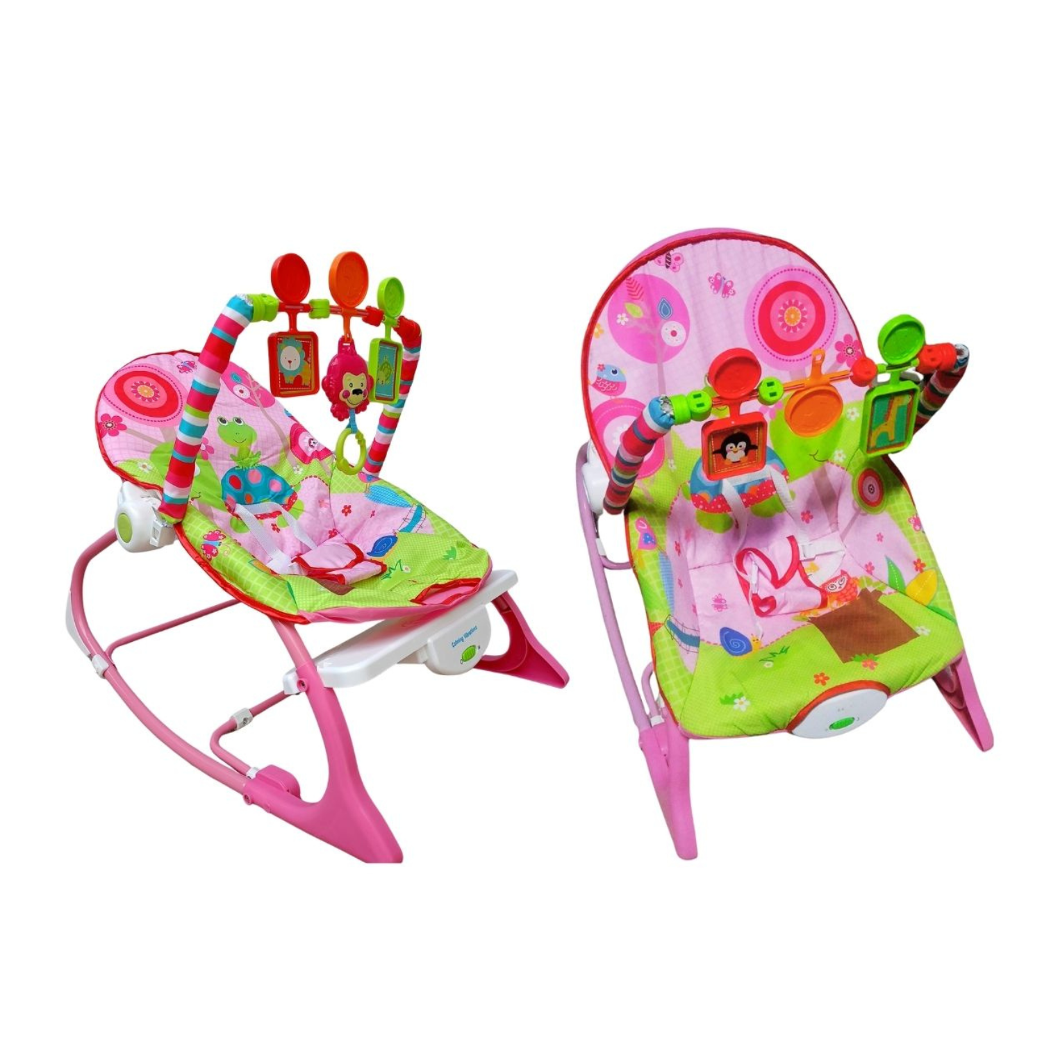 Smile Baby 3-in-1 Musical Infant-to-Toddler Rocker with Calming Vibrations, Adjustable Backrest & Detachable Toy Bar – Pink & Green Baby Bouncer Chair