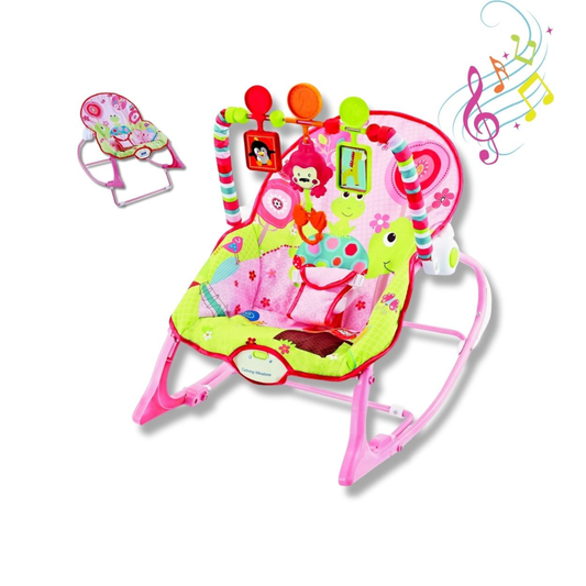 Smile Baby 3-in-1 Musical Infant-to-Toddler Rocker with Calming Vibrations, Adjustable Backrest & Detachable Toy Bar – Pink & Green Baby Bouncer Chair