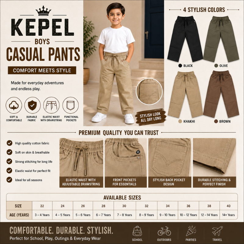 KEPEL Boys Casual Cotton Pants with Elastic Waist & Drawstring | Black, Olive, Khakhi & Brown | Sizes 22-40 (3-14+ Years)