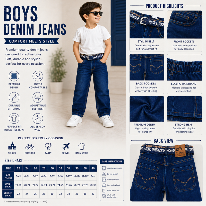 KEPEL Boys Dark Denim Jeans with Belt | Premium Straight Fit Kids Jeans | Size 22–40 (3–14+ Years)