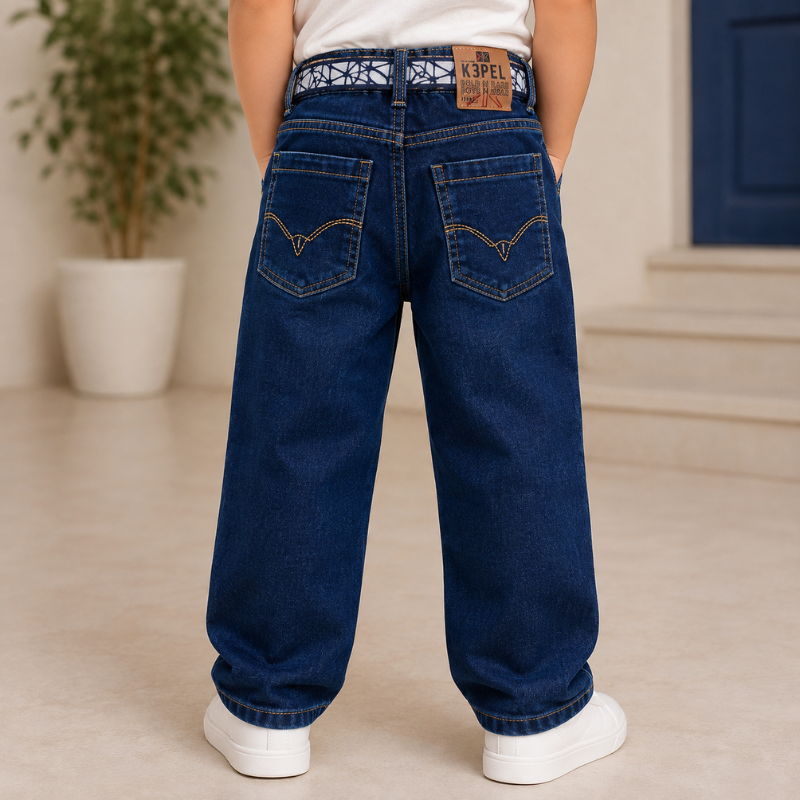 KEPEL Boys Dark Denim Jeans with Belt | Premium Straight Fit Kids Jeans | Size 22–40 (3–14+ Years)