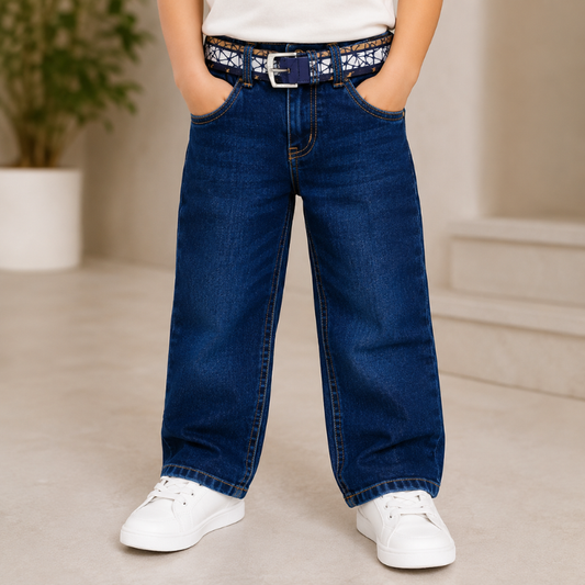 KEPEL Boys Dark Denim Jeans with Belt | Premium Straight Fit Kids Jeans | Size 22–40 (3–14+ Years)