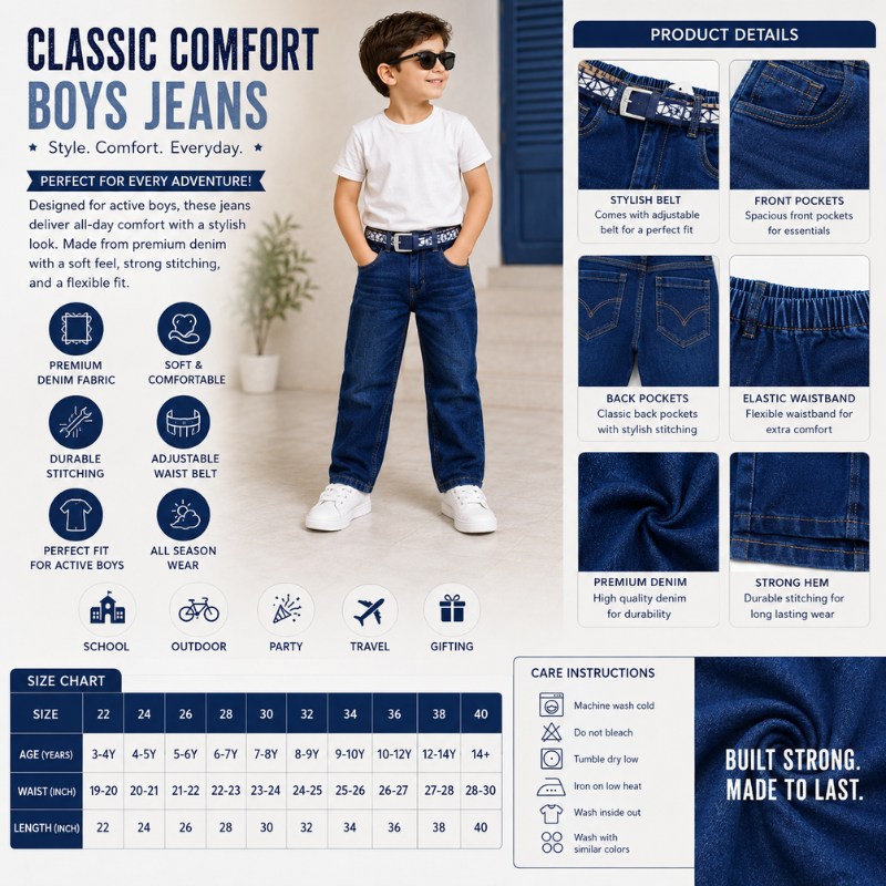 KEPEL Boys Premium Denim Jeans with Belt | Straight Fit Kids Jeans | Size 22-40 (3-14+ Years)