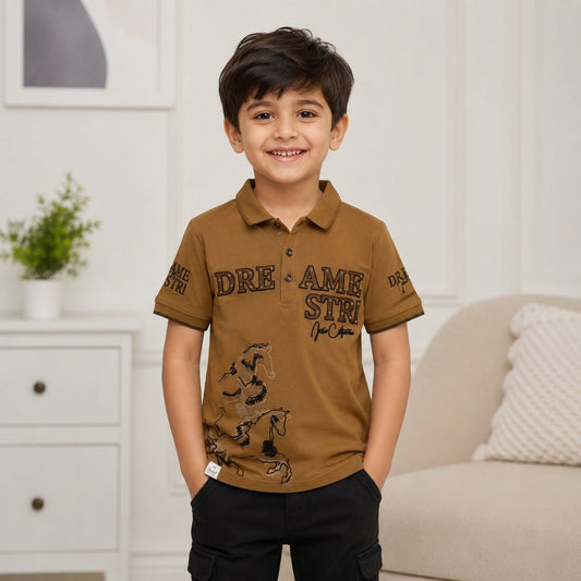 99 BALLON Boys Brown Polo T-Shirt | Premium Cotton Printed T-Shirt | 4Y–12Y - SMILE BABY