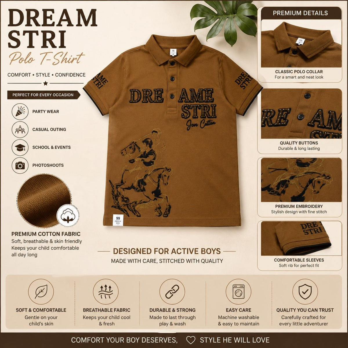 99 BALLON Boys Brown Polo T-Shirt | Premium Cotton Printed T-Shirt | 4Y–12Y - SMILE BABY