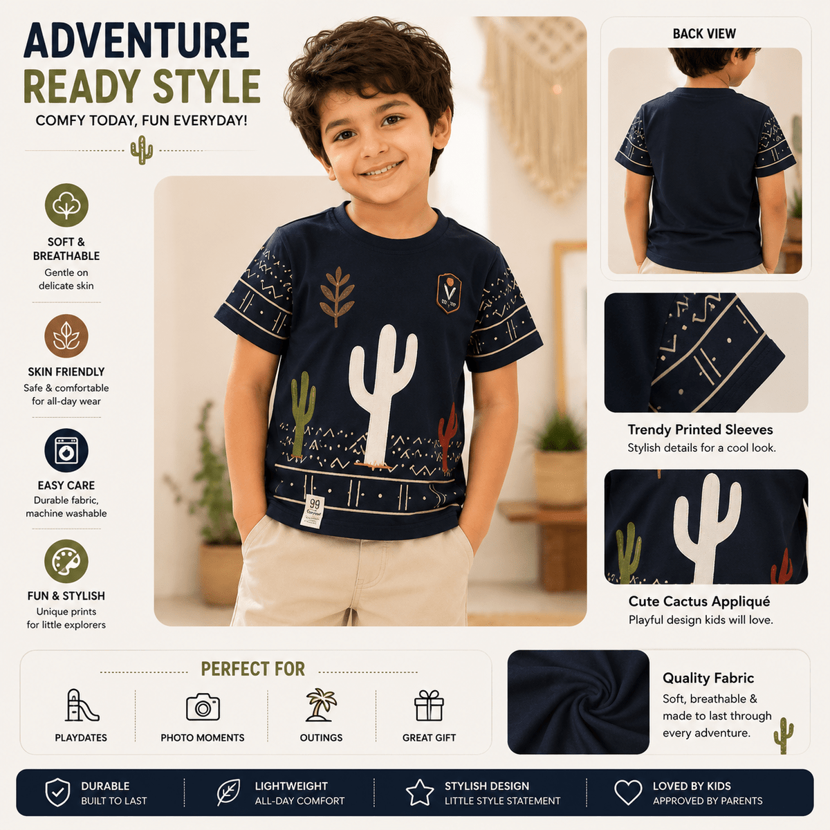 99 BALLON Boys T-Shirt | Printed Casual Half Sleeve Round Neck T-Shirt for Boys | Soft & Stylish Summer Wear | 2-12 Years | Navy Blue & White - SMILE BABY