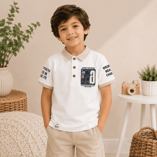 99 Balloon Boys White Printed T-Shirt | Stylish Half Sleeve T-Shirt for Boys 2–12 Years - SMILE BABY