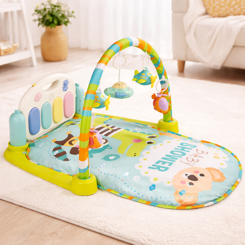 Colorful baby play gym with hanging toys on a carpeted floor.