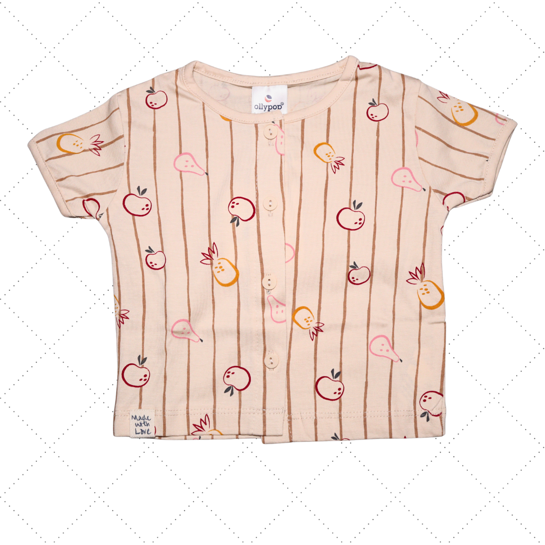 OLLYPOP T-shirt and short set for boys | all over printed set | fruits and line printed | half sleeve with round neck T-shirt with shorts