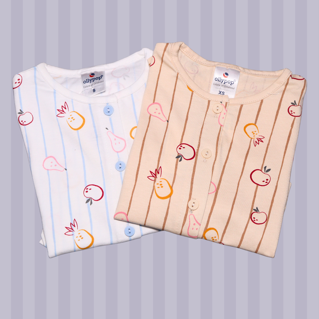 OLLYPOP T-shirt and short set for boys | all over printed set | fruits and line printed | half sleeve with round neck T-shirt with shorts