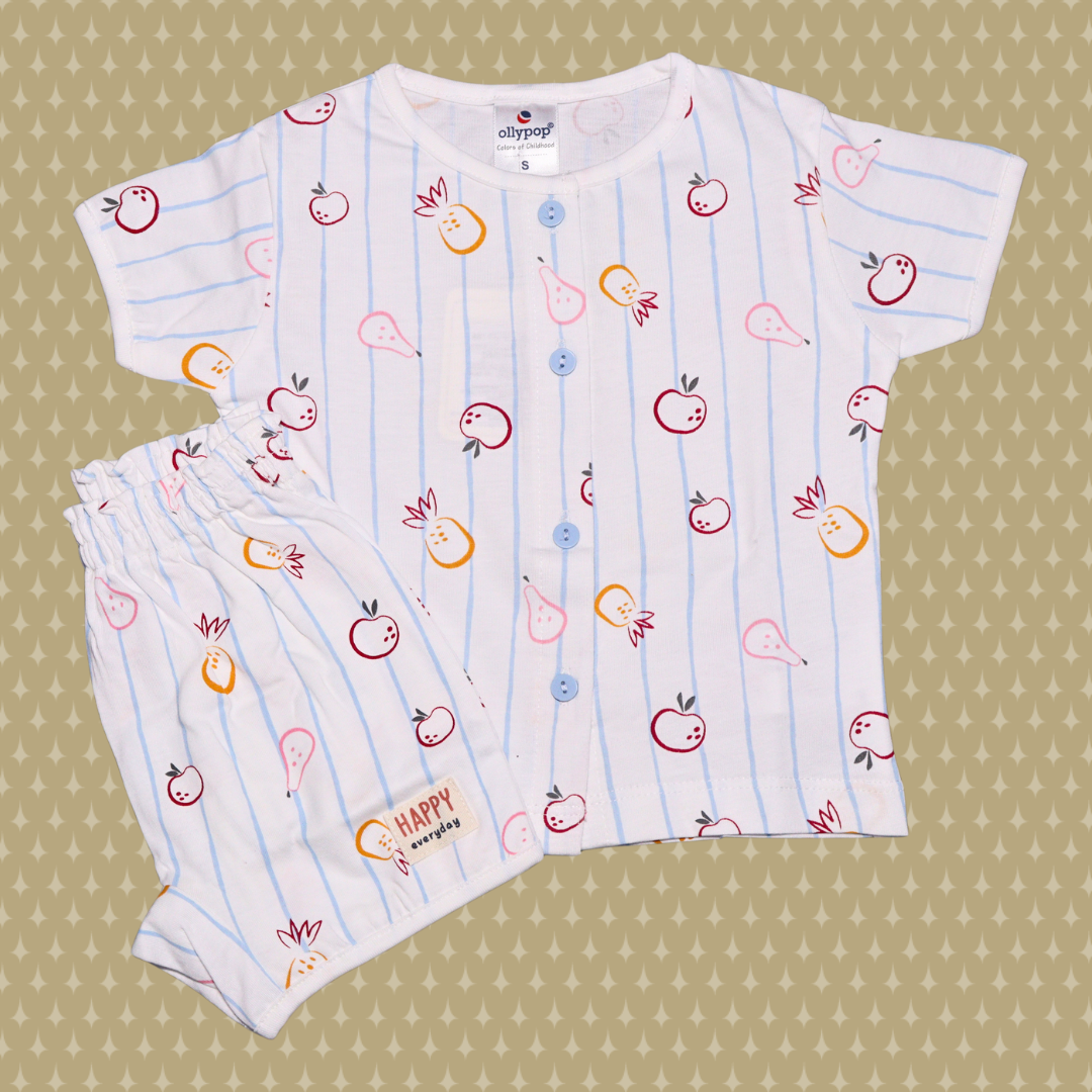 OLLYPOP T-shirt and short set for boys | all over printed set | fruits and line printed | half sleeve with round neck T-shirt with shorts