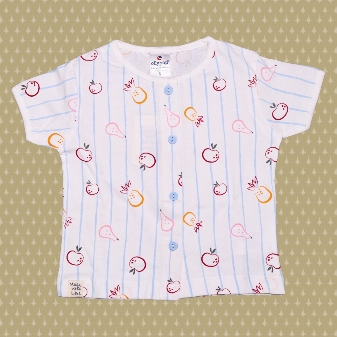 OLLYPOP T-shirt and short set for boys | all over printed set | fruits and line printed | half sleeve with round neck T-shirt with shorts