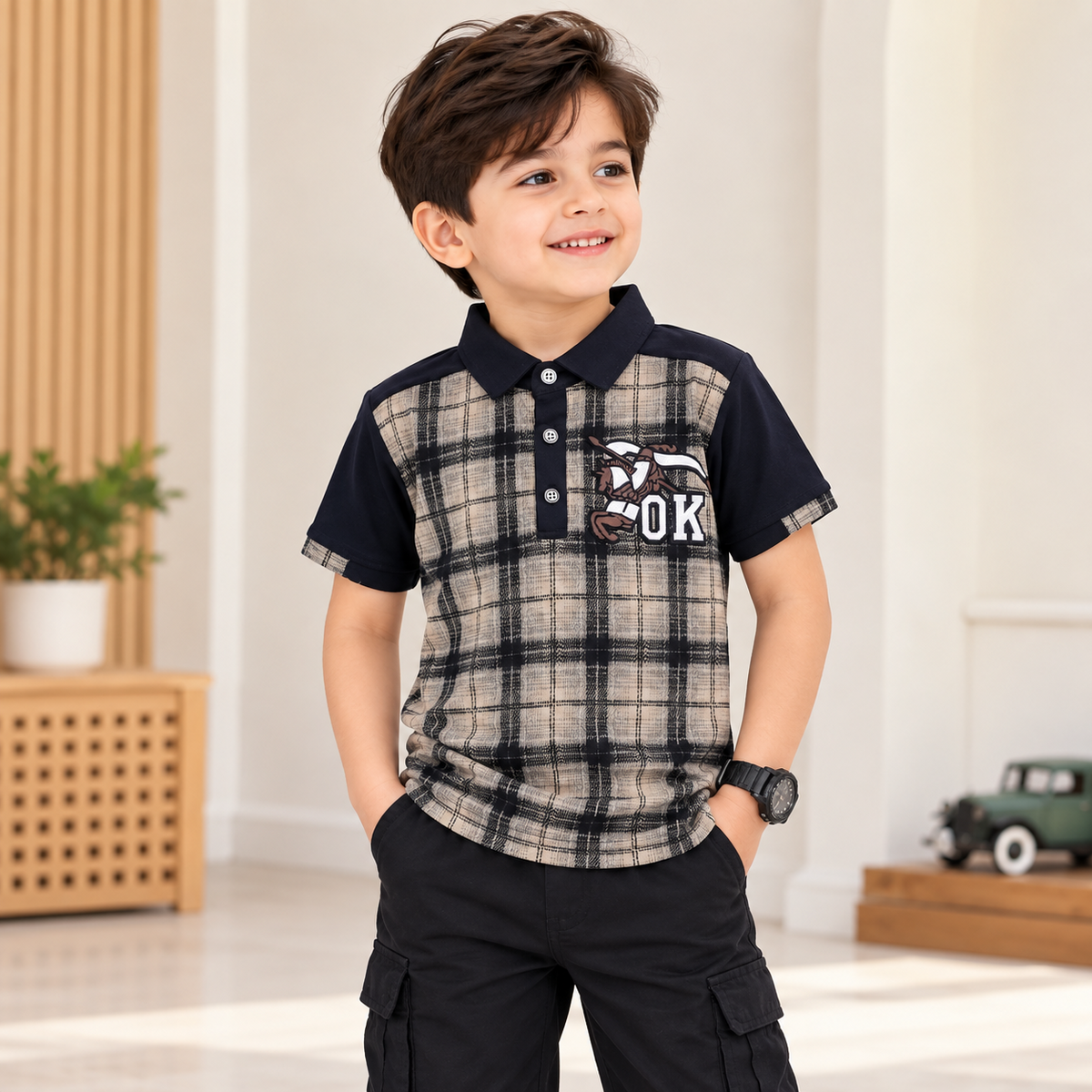 99 BALLON boys rust plaid polo back