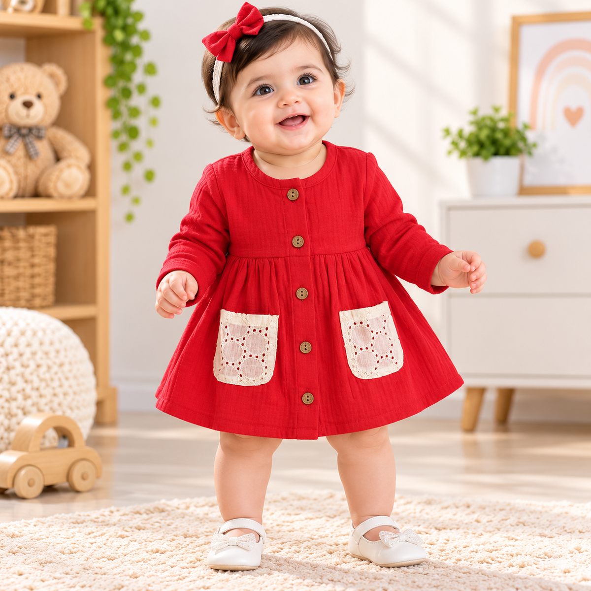 Smile Baby red baby girl frock front view