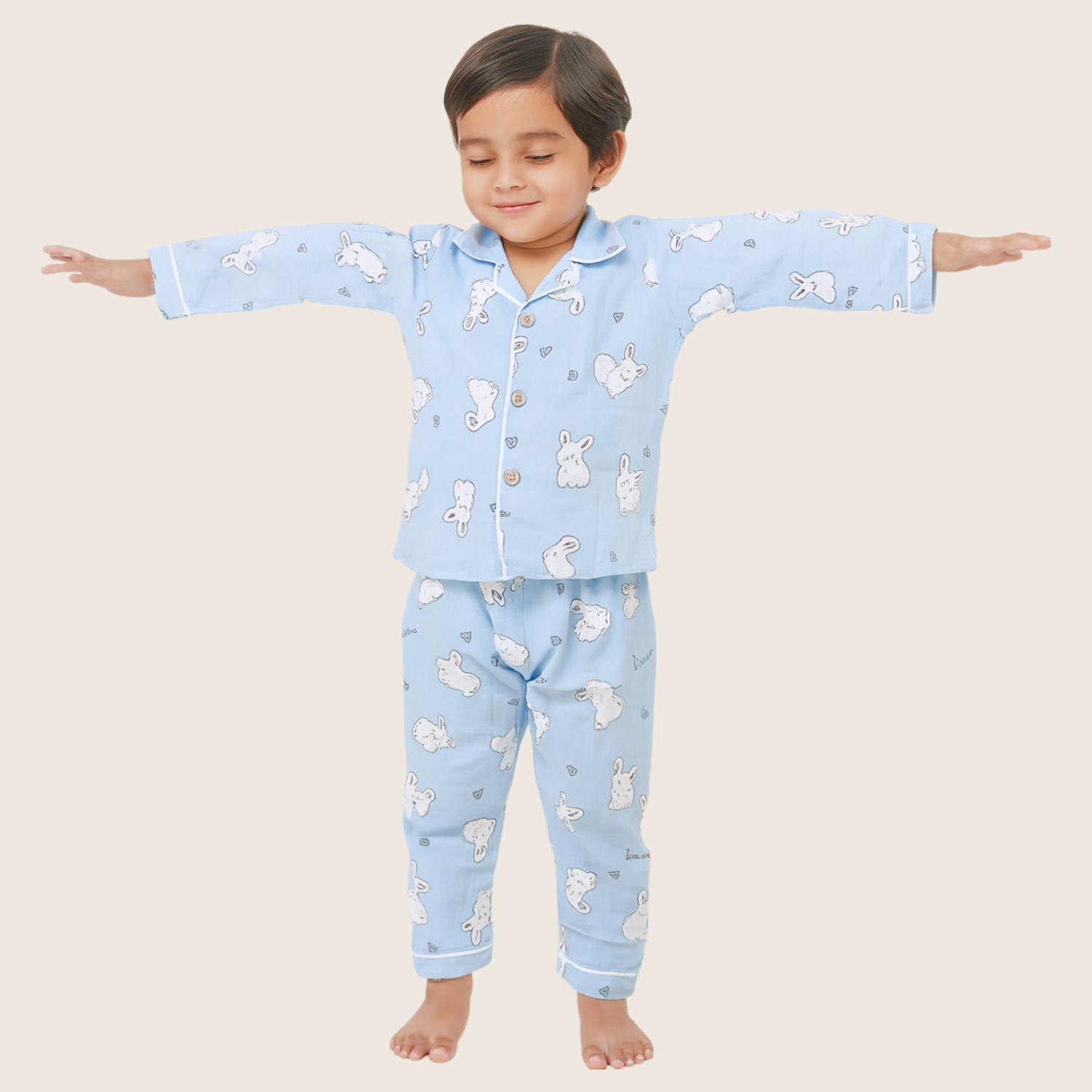 Smile Baby Unisex Muslin Cotton Night Suit – Blue Bunny Print Pajama Set (Age 3–8 Years)