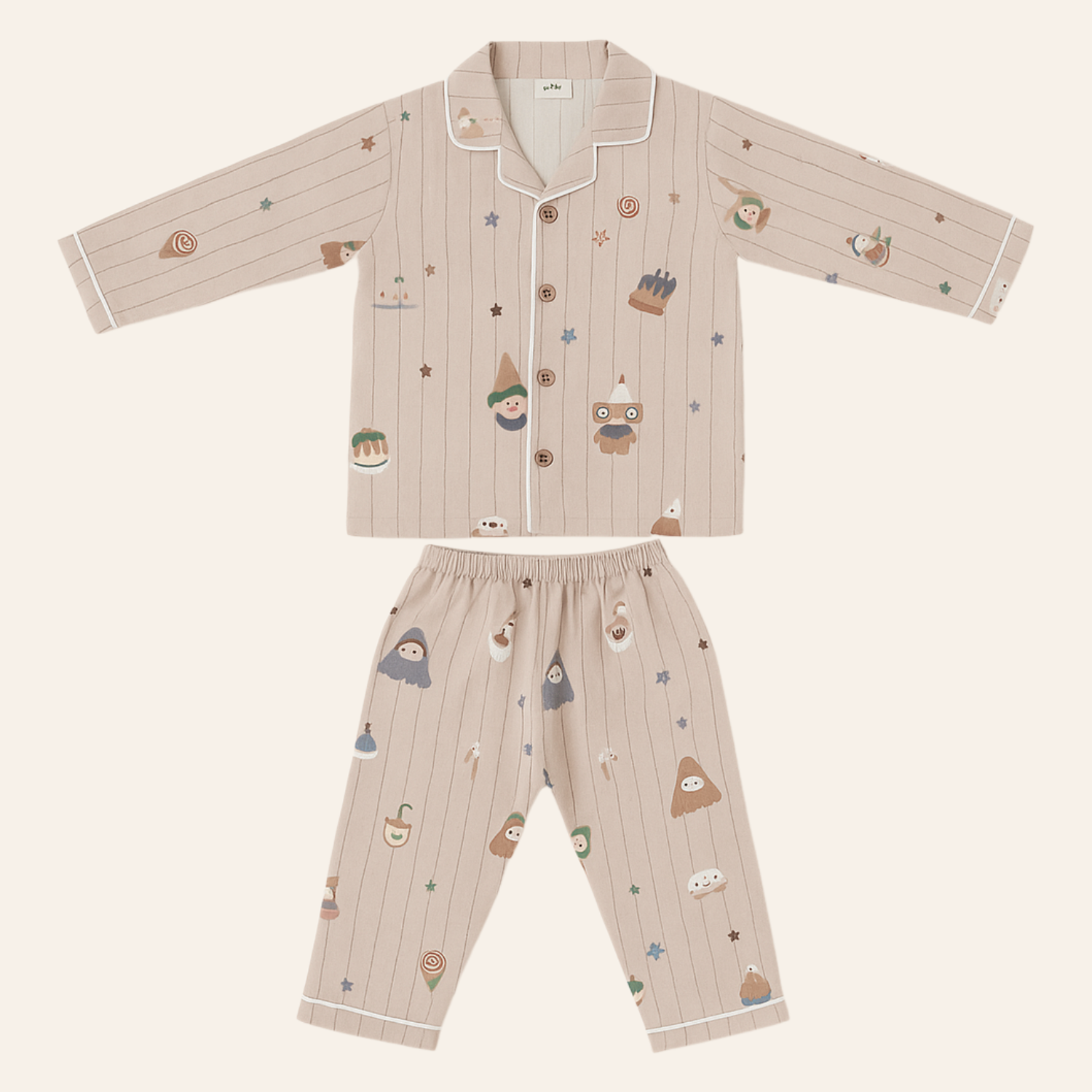 Smile Baby Girls Muslin Cotton Night Suit – Beige Cartoon Print Pajama Set (Age 3–8 Years)