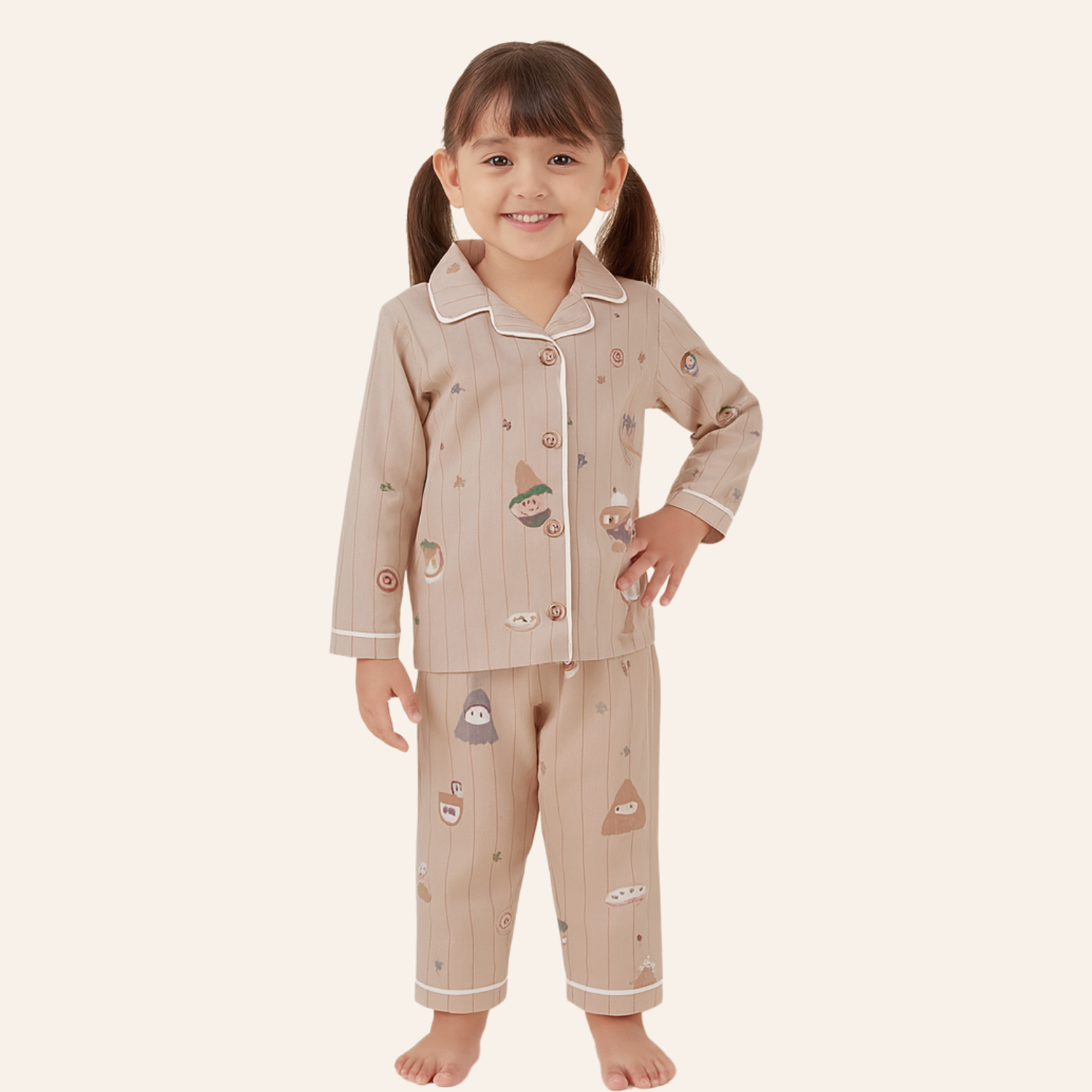 Smile Baby Girls Muslin Cotton Night Suit – Beige Cartoon Print Pajama Set (Age 3–8 Years)