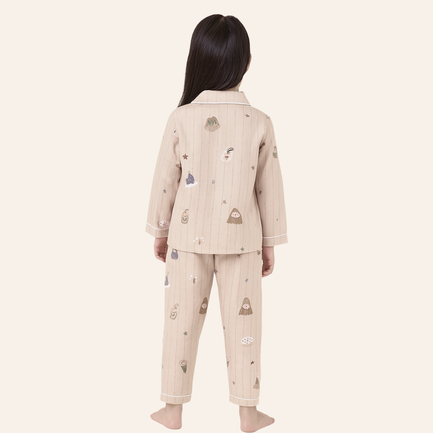 Smile Baby Girls Muslin Cotton Night Suit – Beige Cartoon Print Pajama Set (Age 3–8 Years)