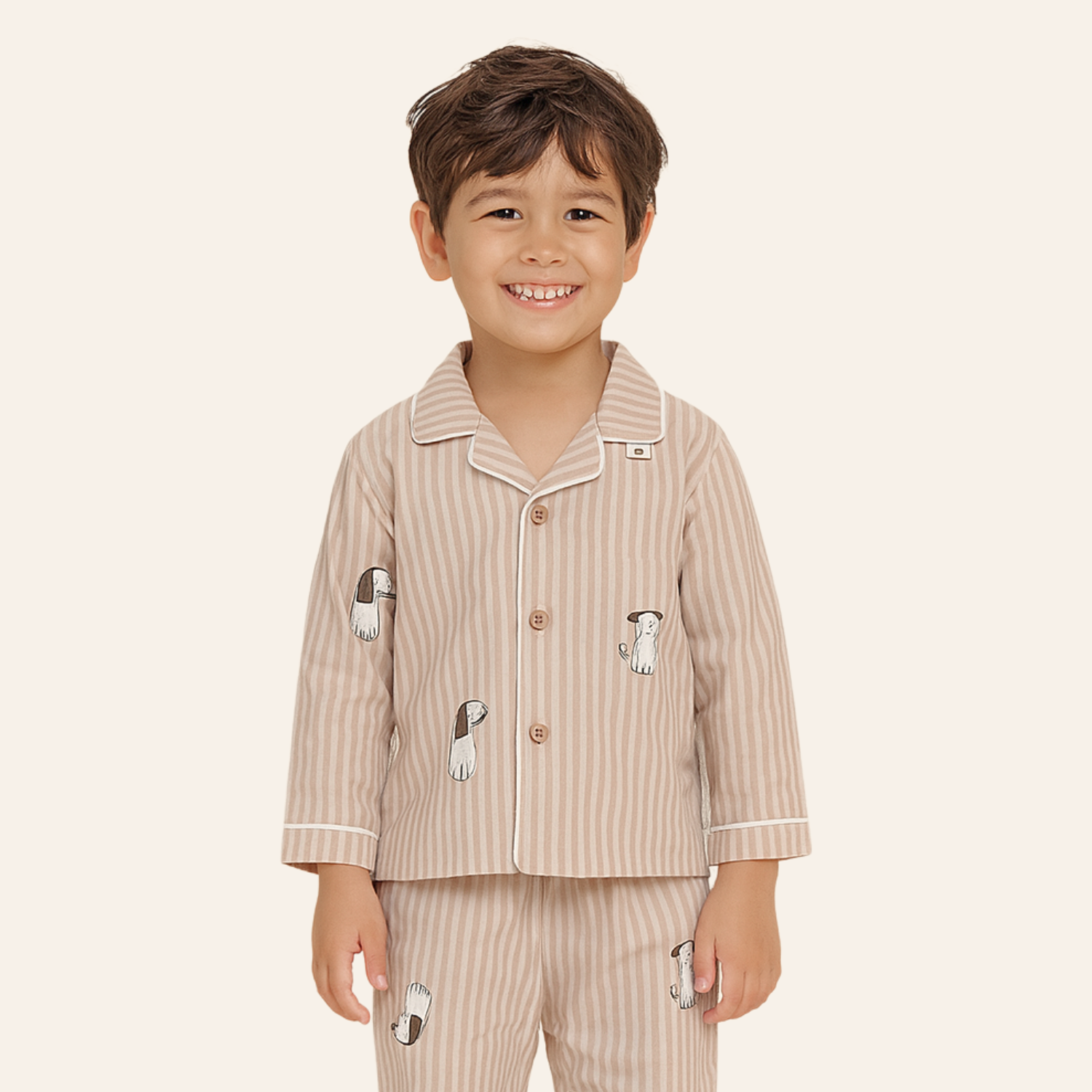 Smile Baby Beige Striped Dog Print Night Suit Set for Boys (3–8Y)