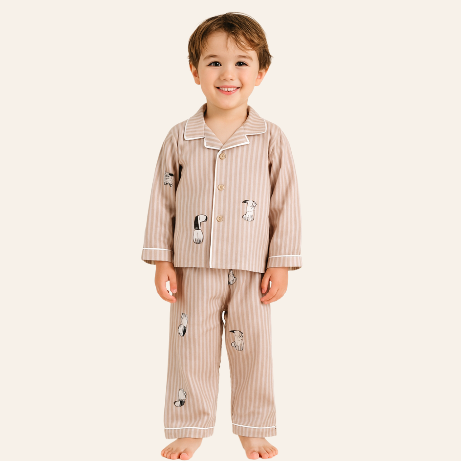 Smile Baby Beige Striped Dog Print Night Suit Set for Boys (3–8Y)