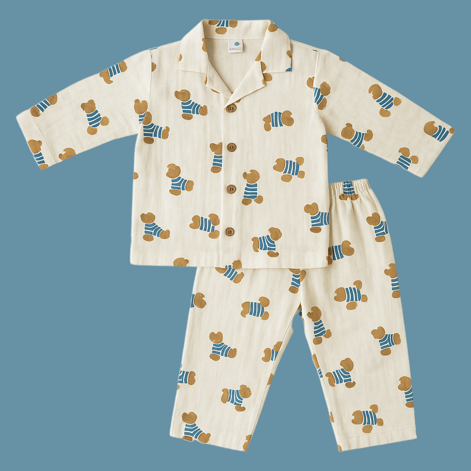 Smile Baby Boys Muslin Cotton Night Suit – Cream Teddy Bear Print Pajama Set (Age 3–8 Years)