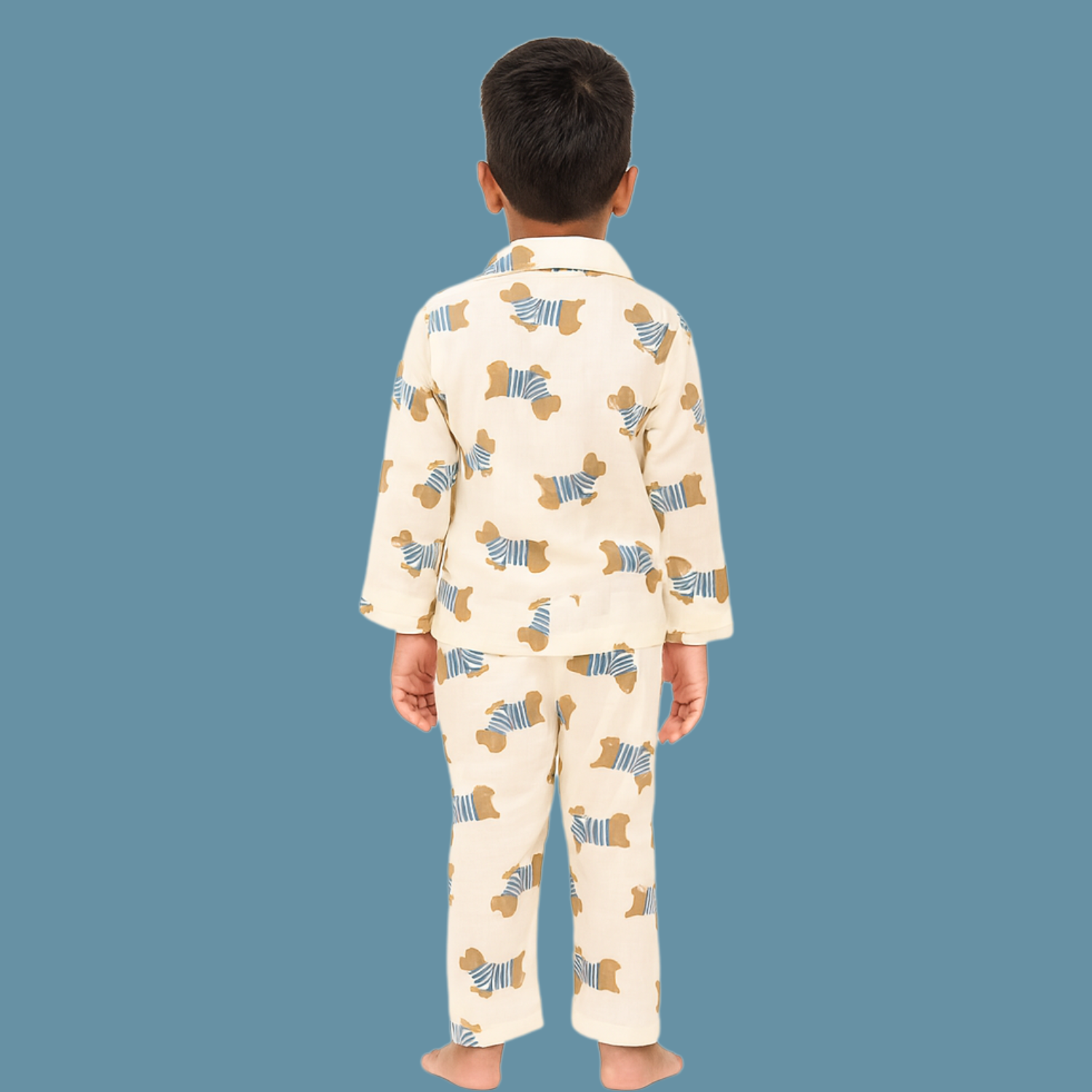 Smile Baby Boys Muslin Cotton Night Suit – Cream Teddy Bear Print Pajama Set (Age 3–8 Years)