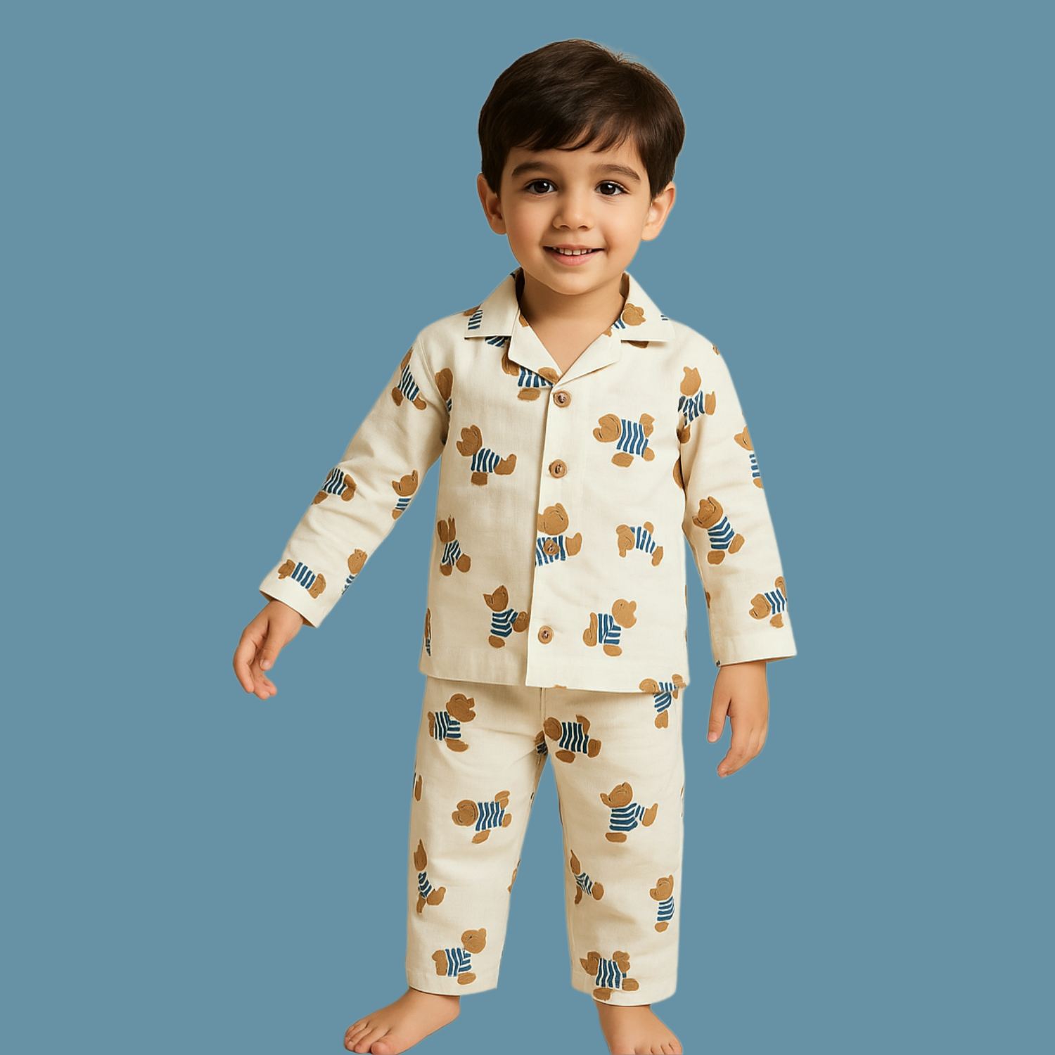 Smile Baby Boys Muslin Cotton Night Suit – Cream Teddy Bear Print Pajama Set (Age 3–8 Years)