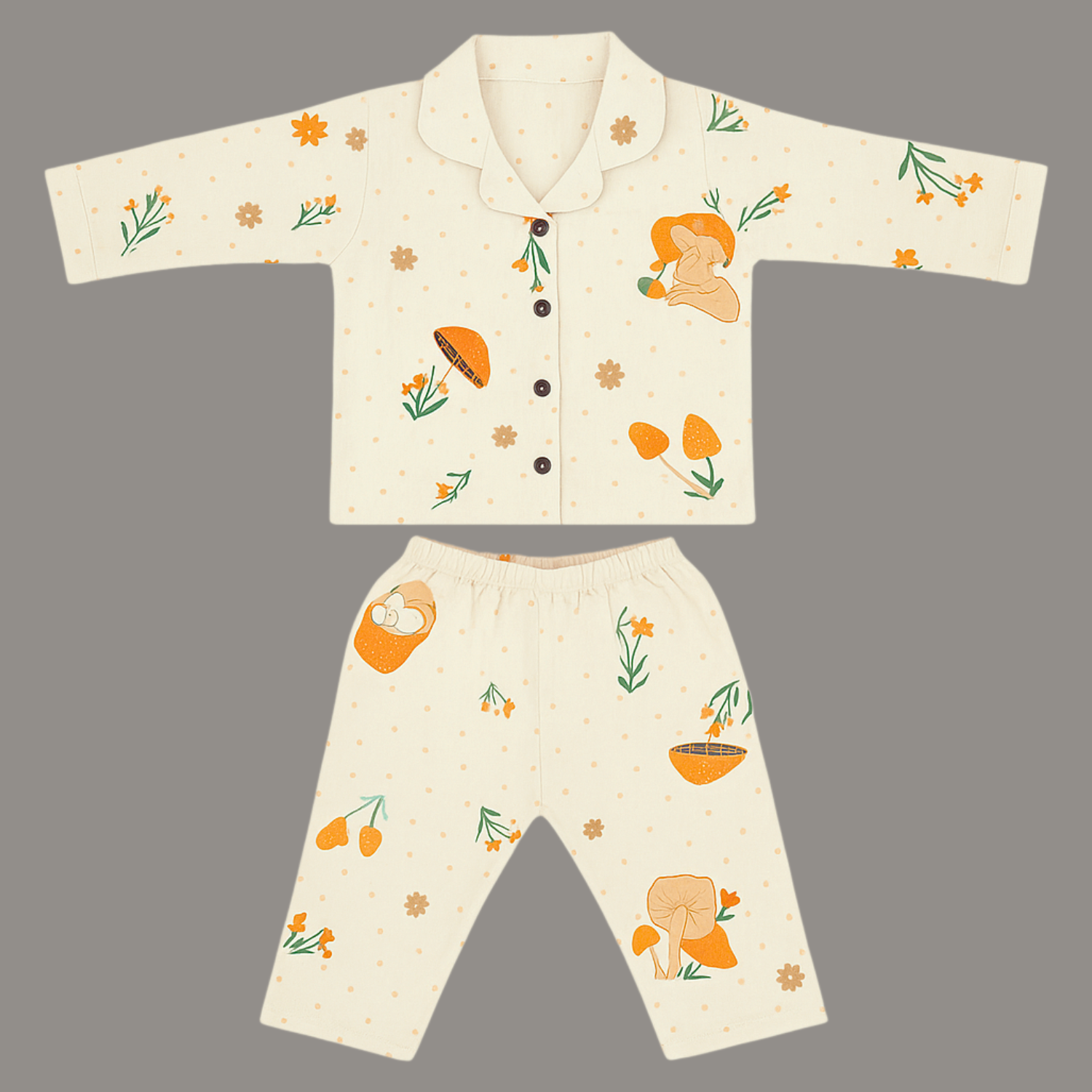 Smile Baby Girls Muslin Cotton Night Suit – Cream Mushroom Print Pajama Set (Age 3–8 Years)
