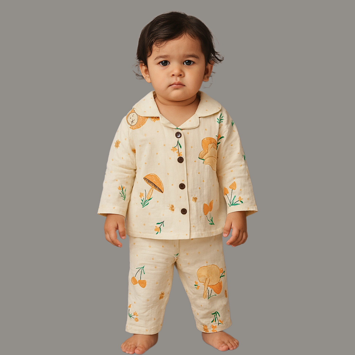 Smile Baby Girls Muslin Cotton Night Suit – Cream Mushroom Print Pajama Set (Age 3–8 Years)