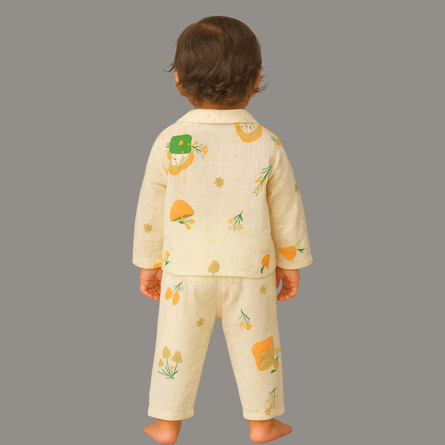 Smile Baby Girls Muslin Cotton Night Suit – Cream Mushroom Print Pajama Set (Age 3–8 Years)