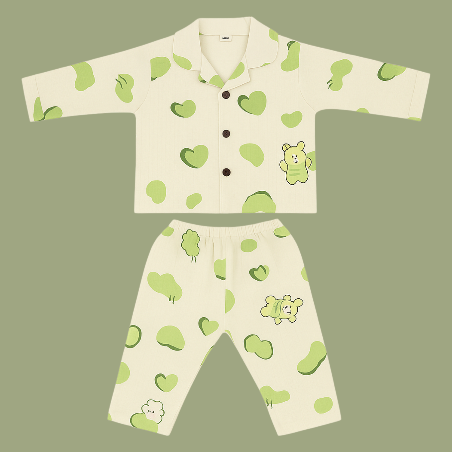 Smile Baby Boys Muslin Cotton Night Suit – Cream Green Bear Print Pajama Set (Age 3–8 Years)
