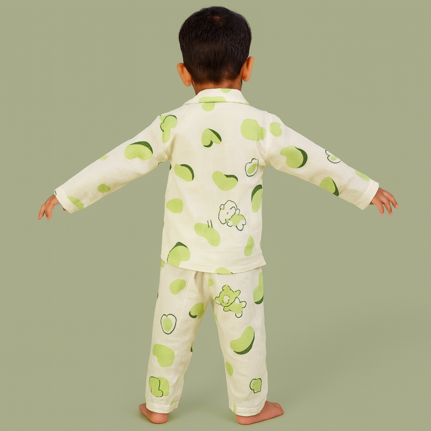 Smile Baby Boys Muslin Cotton Night Suit – Cream Green Bear Print Pajama Set (Age 3–8 Years)