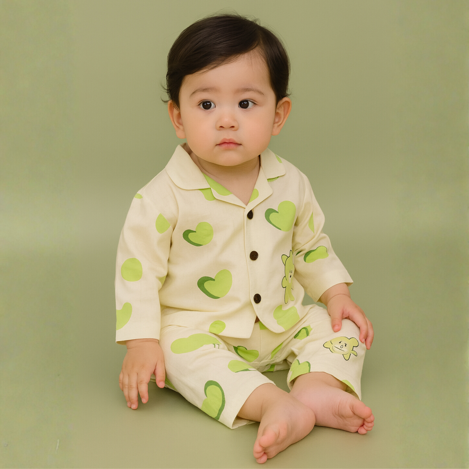Smile Baby Boys Muslin Cotton Night Suit – Cream Green Bear Print Pajama Set (Age 3–8 Years)