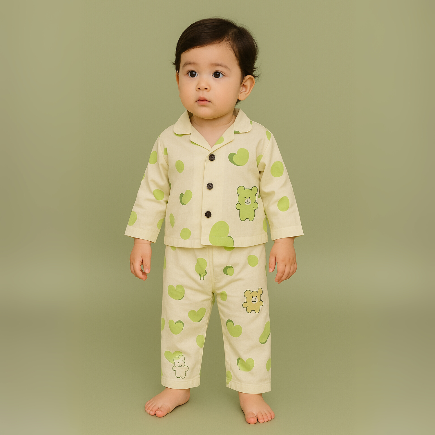 Smile Baby Boys Muslin Cotton Night Suit – Cream Green Bear Print Pajama Set (Age 3–8 Years)
