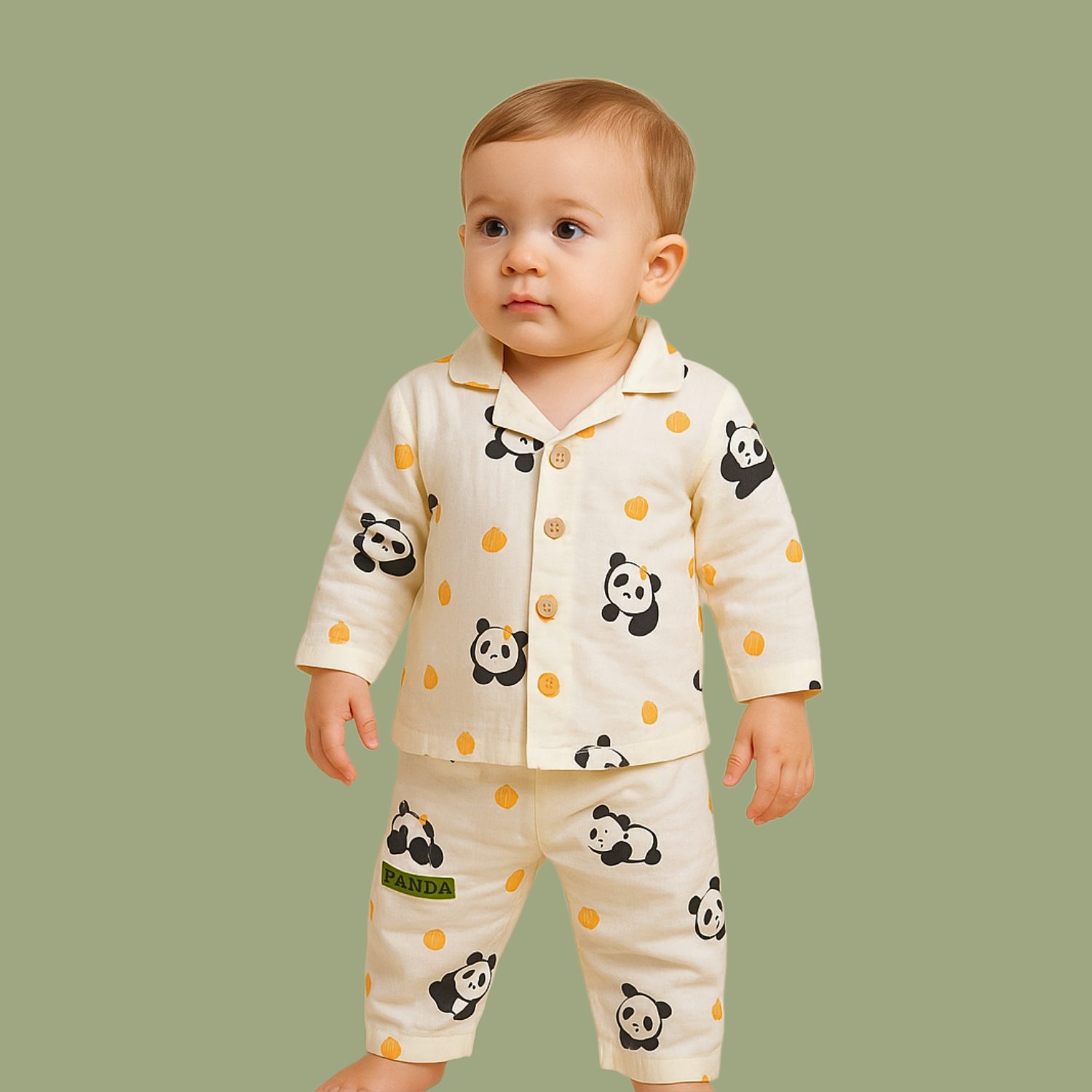 Smile Baby Unisex Muslin Cotton Night Suit – Cream Panda Print Pajama Set (Age 3–8 Years)