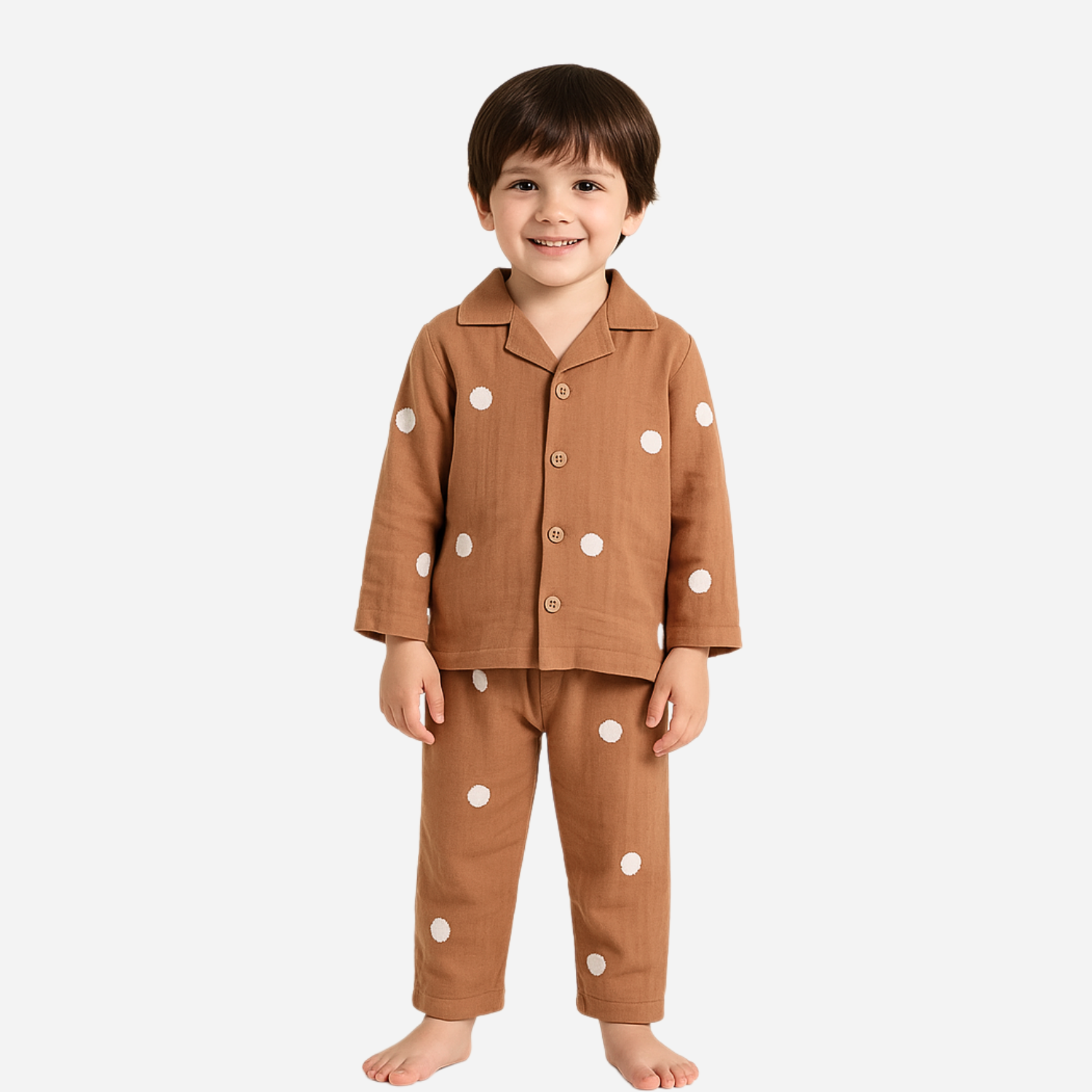 Smile Baby Boys Muslin Cotton Night Suit – Brown Polka Dot Pajama Set (Age 3–8 Years)